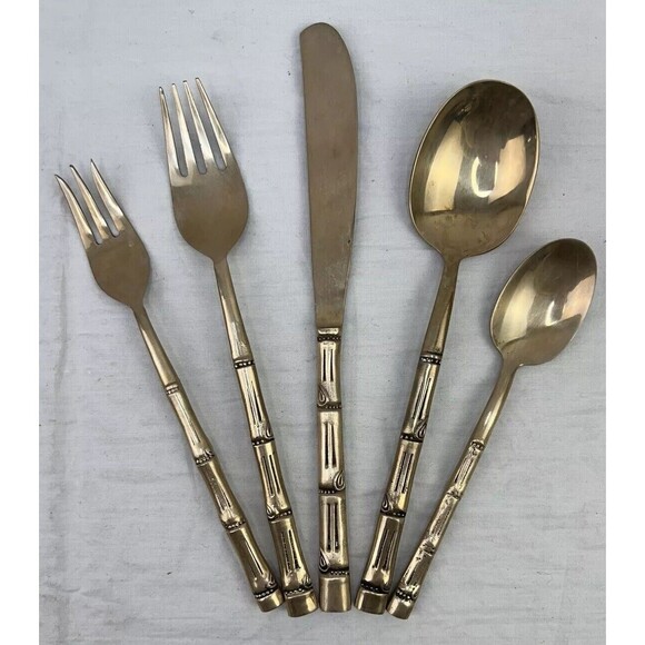 Vtg MCM Nickel Bronze Faux Bamboo Flatware 5 PCs Set Server 1 Retro‎ Decor - Picture 1 of 12
